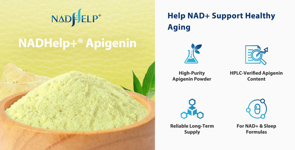 NADHelp+ apigenin powder in a wooden bowl, with high purity, HPLC-verified content, reliable supply and NAD+ and sleep uses