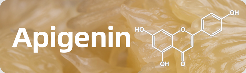 Apigenin chemical structure (4',5,7-trihydroxyflavone) beside the word Apigenin on a soft golden background